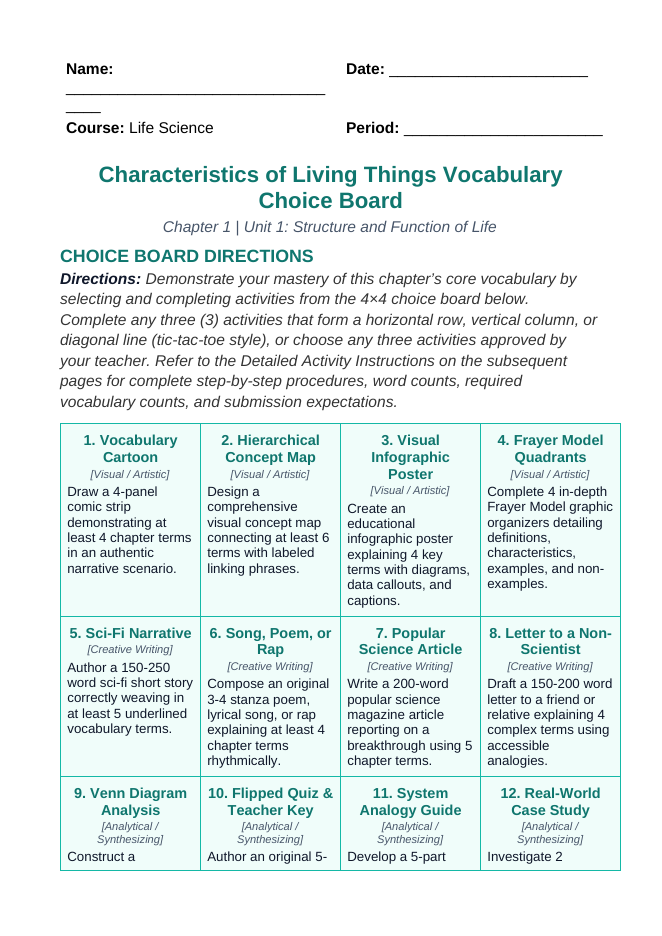 Characteristics of Living Things Vocabulary Choice Board sample page