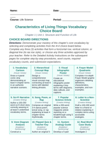 Characteristics of Living Things Vocabulary Choice Board sample page
