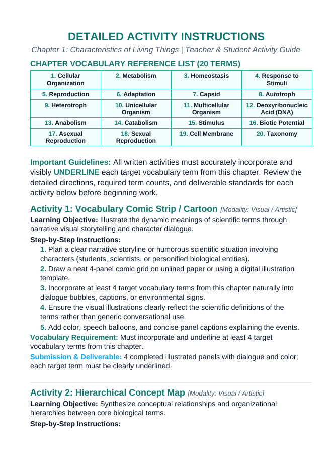 Characteristics of Living Things Vocabulary Choice Board sample page