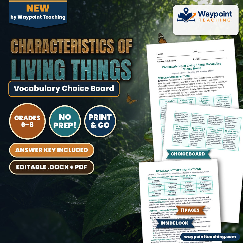 Characteristics of Living Things Vocabulary Choice Board cover