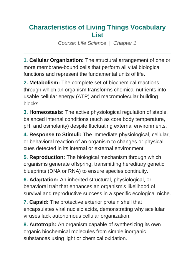 Characteristics of Living Things Vocabulary Words & Definitions sample page