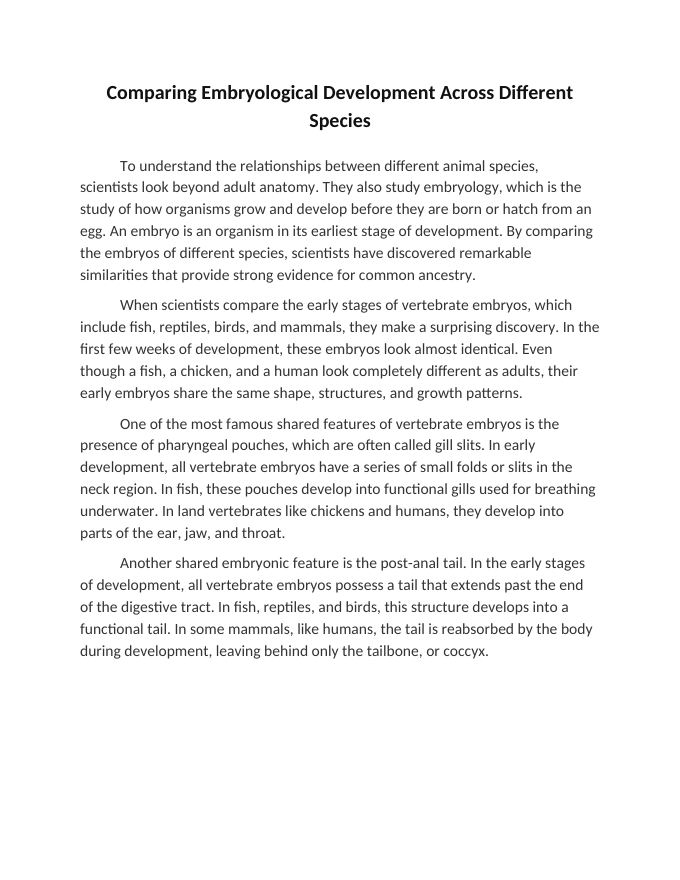 Comparing Embryological Development Across Different Species Reading Worksheet sample page