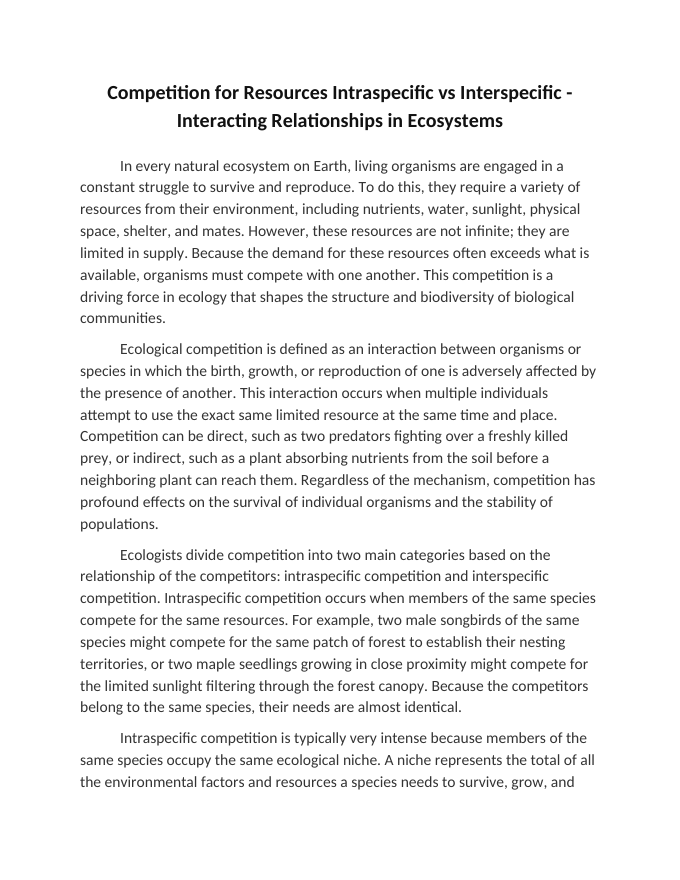 Competition for Resources Intraspecific vs Interspecific Reading Worksheet sample page