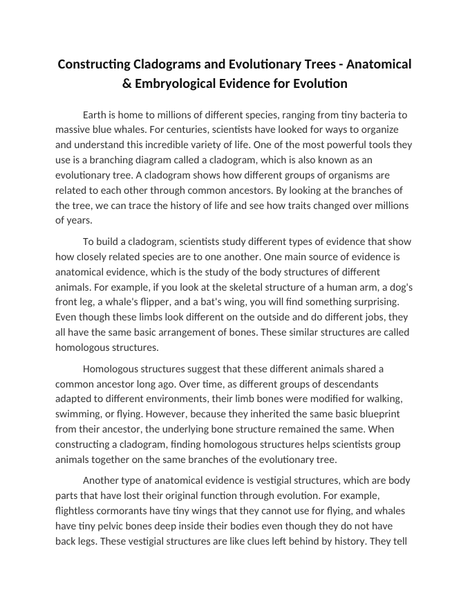 Constructing Cladograms and Evolutionary Trees Reading Worksheet sample page