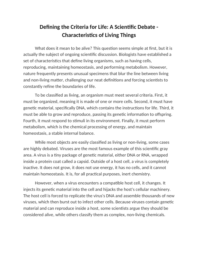 Defining the Criteria for Life: A Scientific Debate Reading Worksheet sample page