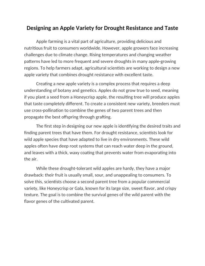 Designing an Apple Variety for Drought Resistance and Taste Reading Worksheet sample page