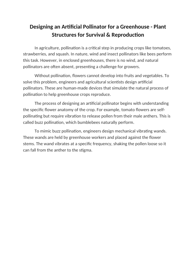 Designing an Artificial Pollinator for a Greenhouse Reading Worksheet sample page