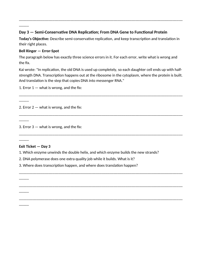 DNA, Genes, & Chromosomes Bell Ringers & Exit Tickets sample page