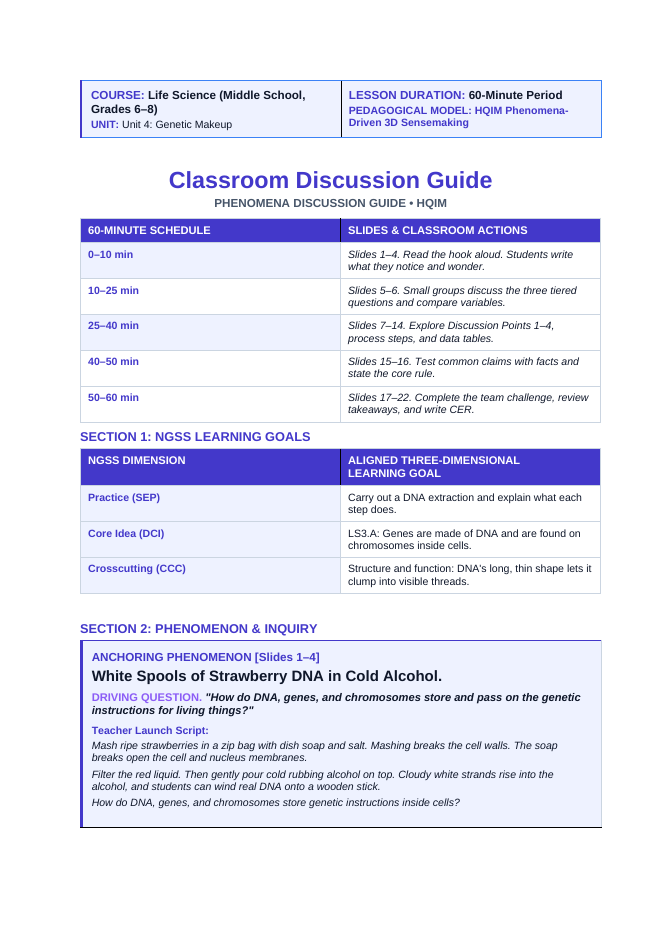 DNA, Genes, & Chromosomes Phenomena-Based Lesson: White Spools of Strawberry DNA in Cold Alcohol Teacher Discussion Guide sample page