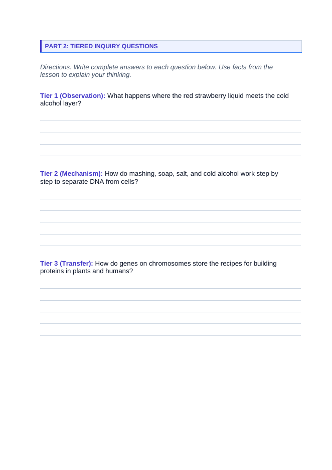 DNA, Genes, & Chromosomes Phenomena-Based Lesson: White Spools of Strawberry DNA in Cold Alcohol Student Response Sheet sample page