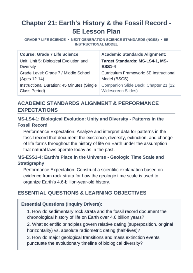 Earth's History & the Fossil Record 5E Lesson Plan sample page