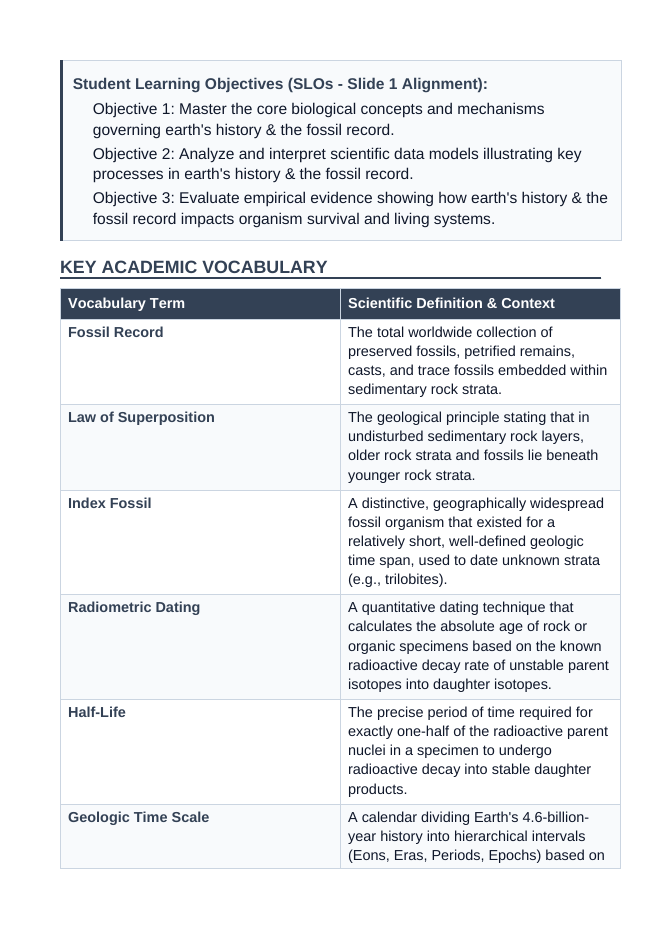 Earth's History & the Fossil Record 5E Lesson Plan sample page