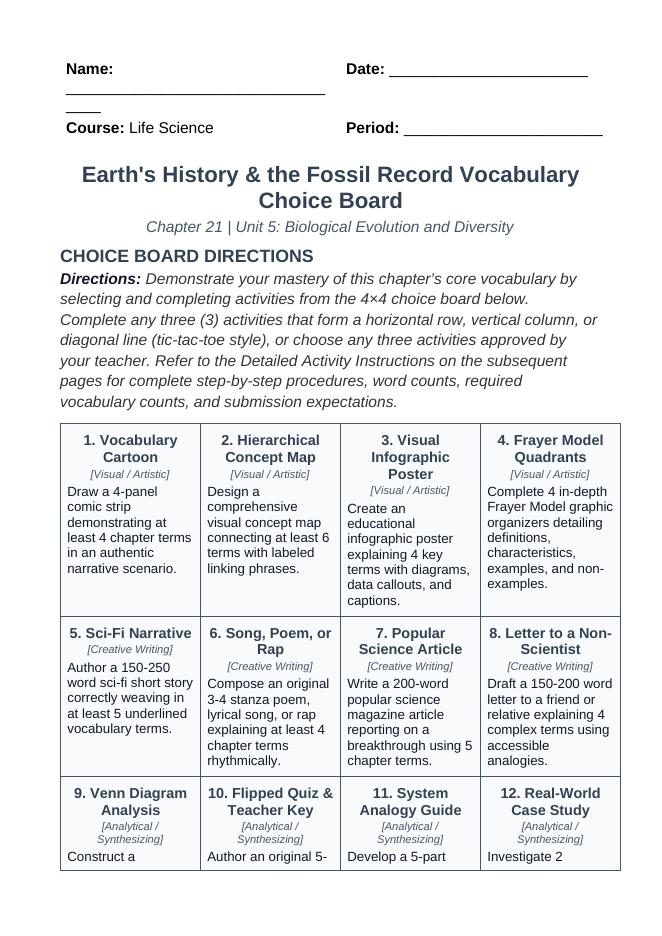 Earth's History & the Fossil Record Vocabulary Choice Board sample page