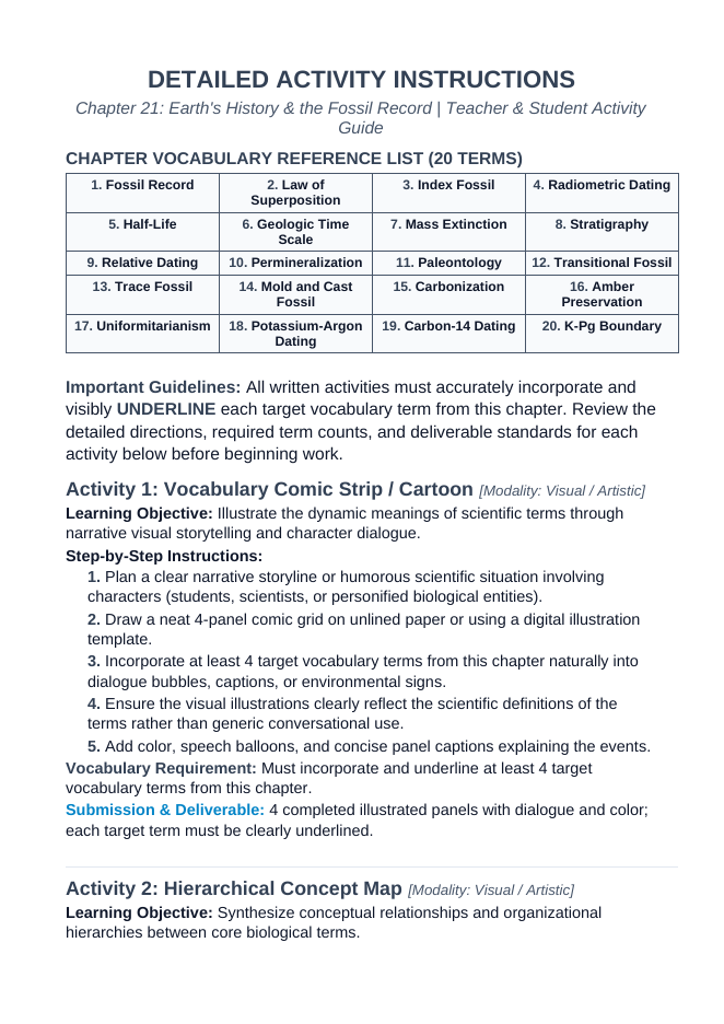 Earth's History & the Fossil Record Vocabulary Choice Board sample page