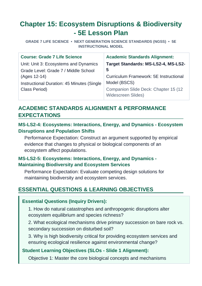 Ecosystem Disruptions & Biodiversity 5E Lesson Plan sample page