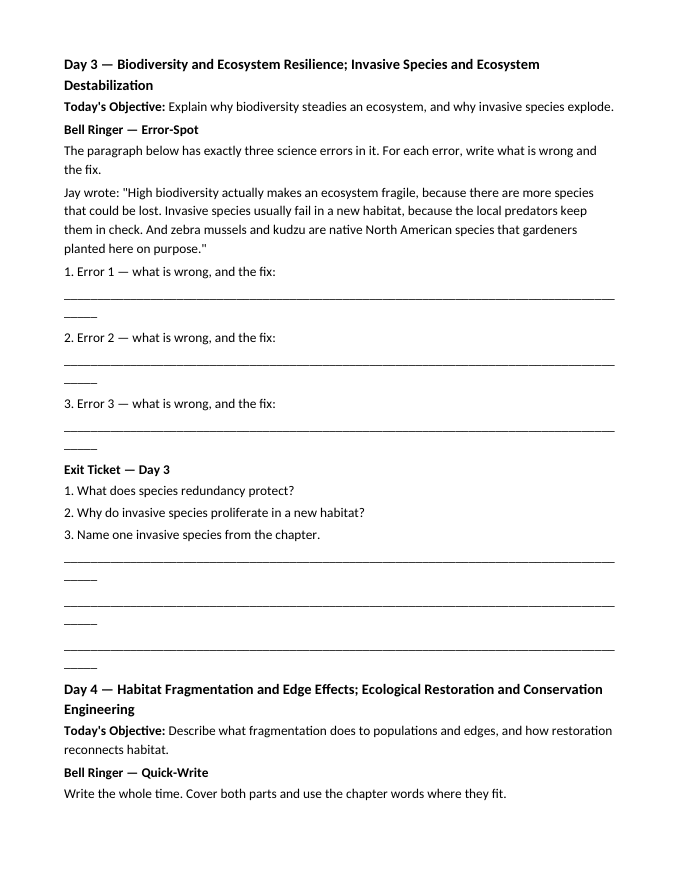 Ecosystem Disruptions & Biodiversity Bell Ringers & Exit Tickets sample page