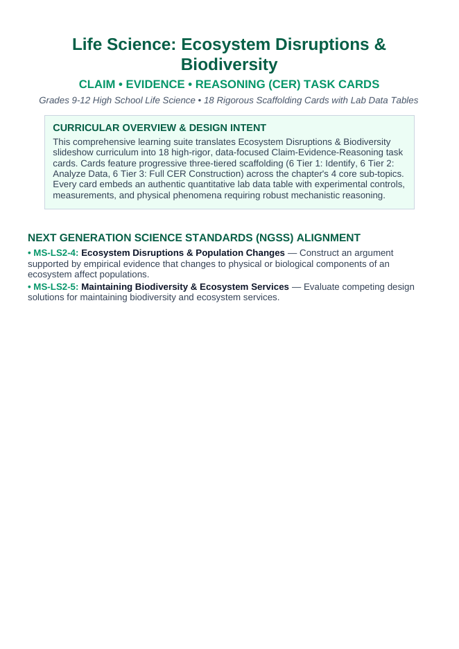 Ecosystem Disruptions & Biodiversity CER Task Cards sample page