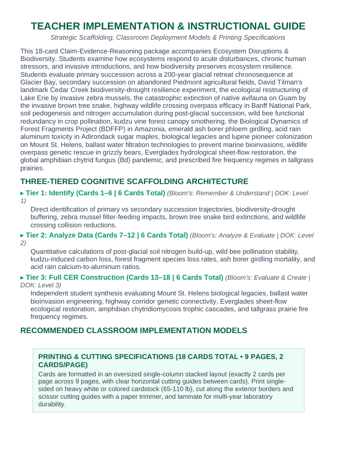 Ecosystem Disruptions & Biodiversity CER Task Cards sample page