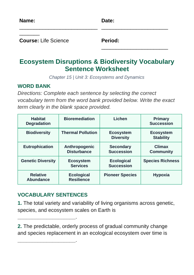 Ecosystem Disruptions & Biodiversity Fill-in-the-Blank Vocabulary Worksheet sample page