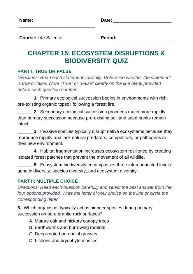 Ecosystem Disruptions & Biodiversity Lesson Quiz sample page