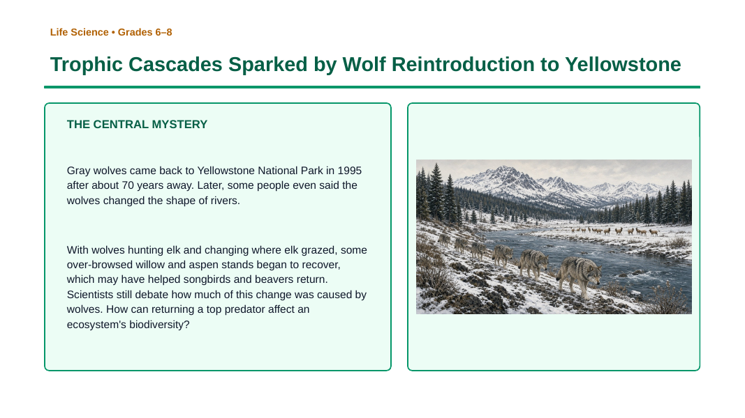 Ecosystem Disruptions & Biodiversity Phenomena-Based Lesson: Trophic Cascades Sparked by Wolf Reintroduction to Yellowstone Presentation sample page