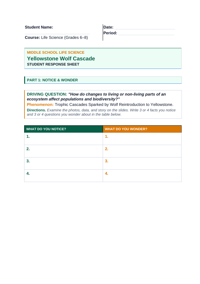 Ecosystem Disruptions & Biodiversity Phenomena-Based Lesson: Trophic Cascades Sparked by Wolf Reintroduction to Yellowstone Student Response Sheet sample page