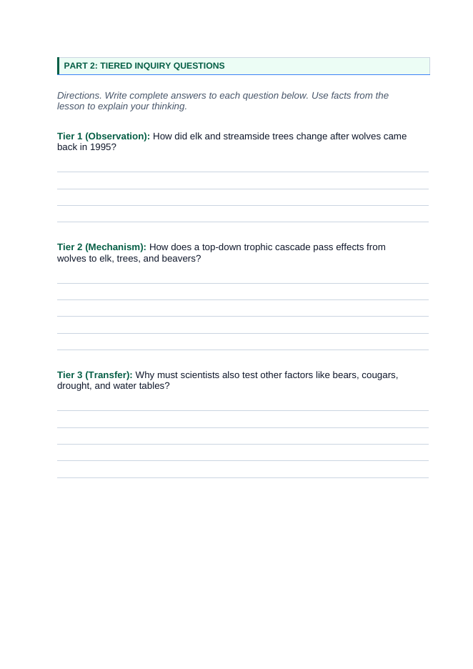Ecosystem Disruptions & Biodiversity Phenomena-Based Lesson: Trophic Cascades Sparked by Wolf Reintroduction to Yellowstone Student Response Sheet sample page