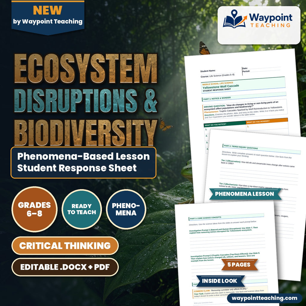 Ecosystem Disruptions & Biodiversity Phenomena-Based Lesson: Trophic Cascades Sparked by Wolf Reintroduction to Yellowstone Student Response Sheet cover