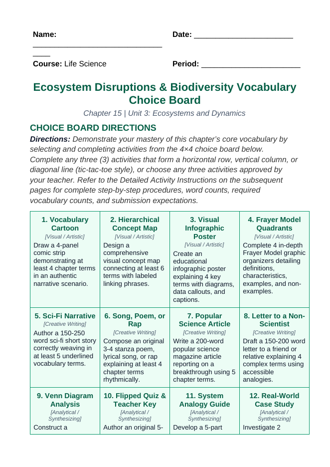 Ecosystem Disruptions & Biodiversity Vocabulary Choice Board sample page