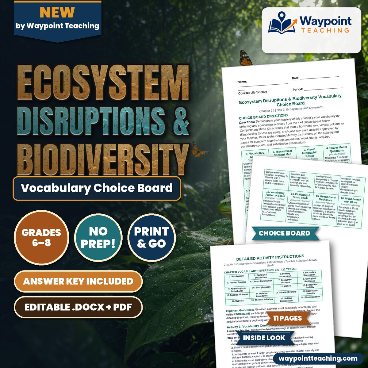 Ecosystem Disruptions & Biodiversity Vocabulary Choice Board cover