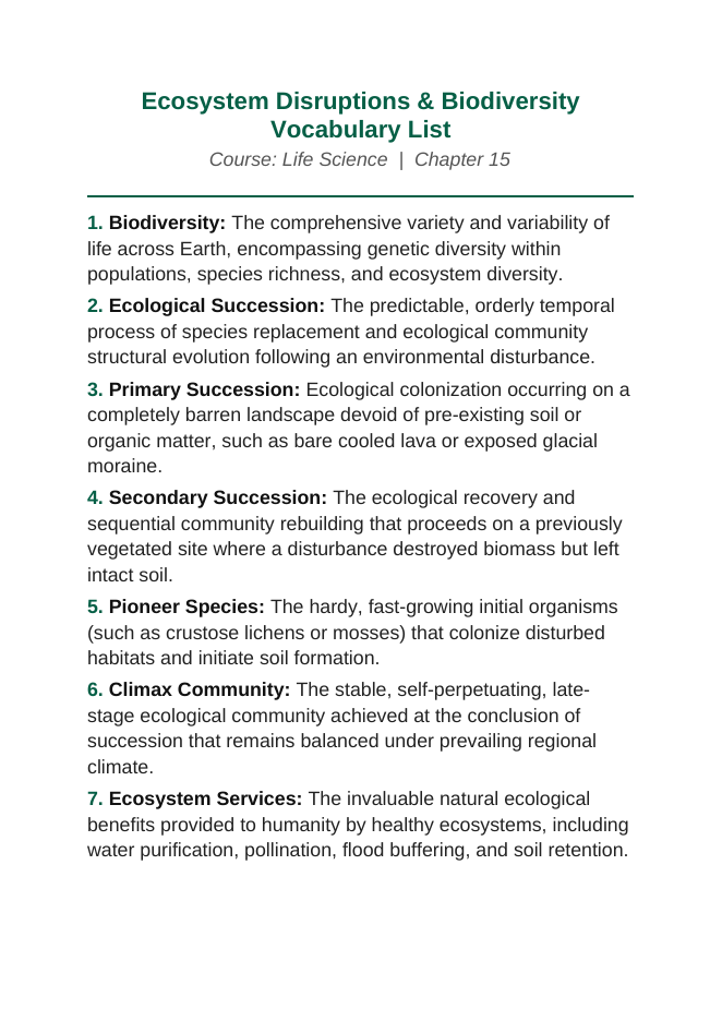 Ecosystem Disruptions & Biodiversity Vocabulary Words & Definitions sample page