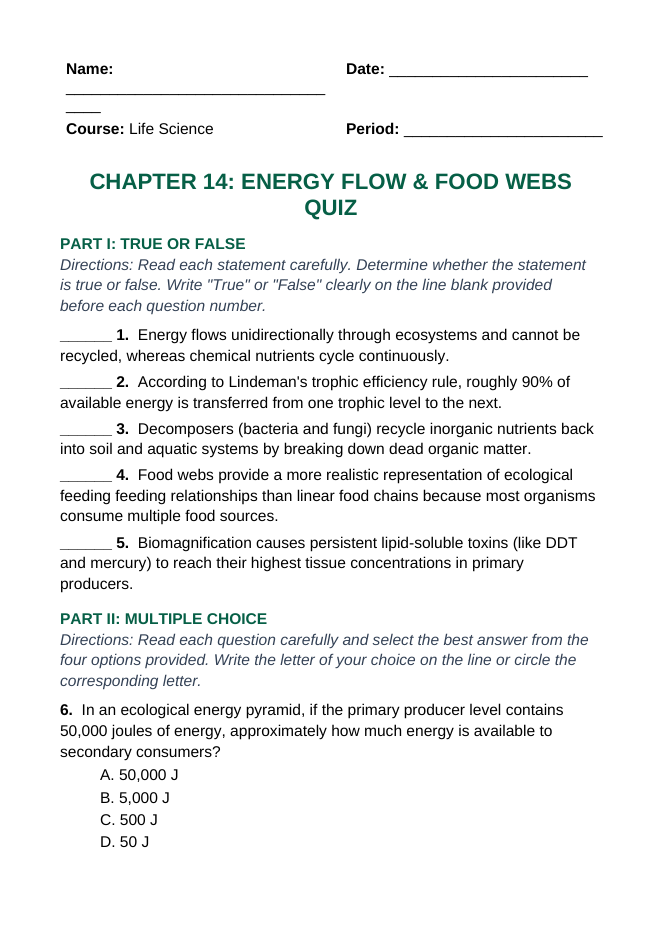 Energy Flow & Food Webs Lesson Quiz sample page