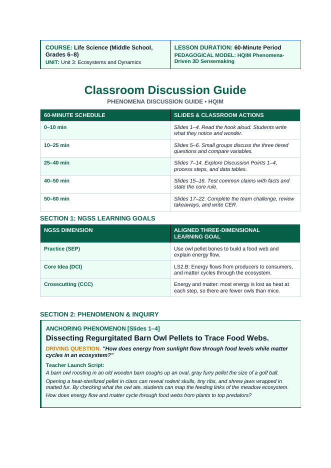 Energy Flow & Food Webs Phenomena-Based Lesson: Dissecting Regurgitated Barn Owl Pellets to Trace Food Webs Teacher Discussion Guide sample page