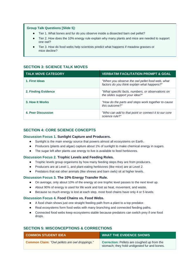 Energy Flow & Food Webs Phenomena-Based Lesson: Dissecting Regurgitated Barn Owl Pellets to Trace Food Webs Teacher Discussion Guide sample page