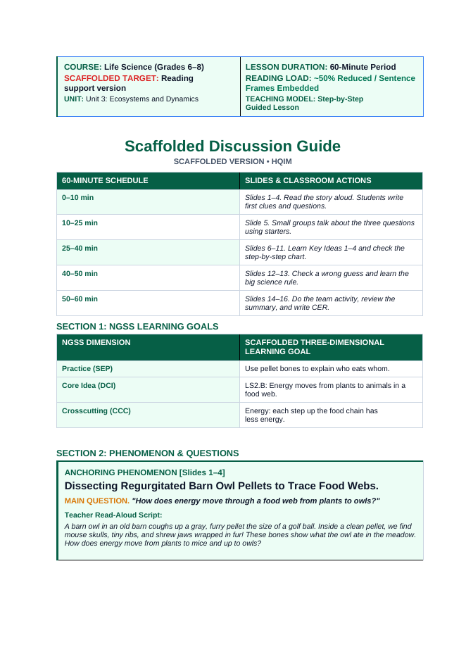 Energy Flow & Food Webs Scaffolded Phenomena-Based Lesson: Dissecting Regurgitated Barn Owl Pellets to Trace Food Webs Teacher Discussion Guide sample page