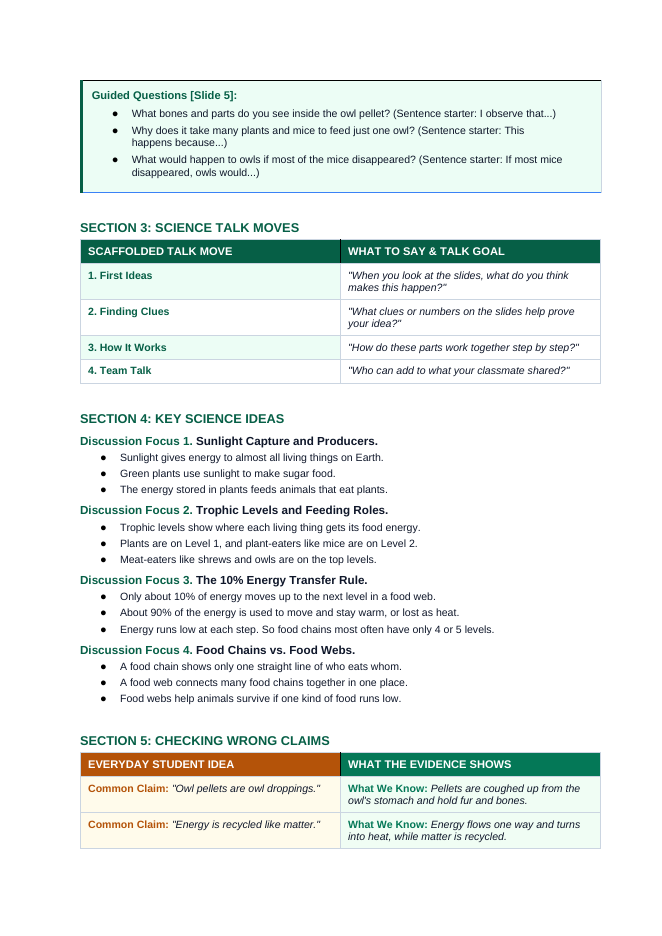 Energy Flow & Food Webs Scaffolded Phenomena-Based Lesson: Dissecting Regurgitated Barn Owl Pellets to Trace Food Webs Teacher Discussion Guide sample page