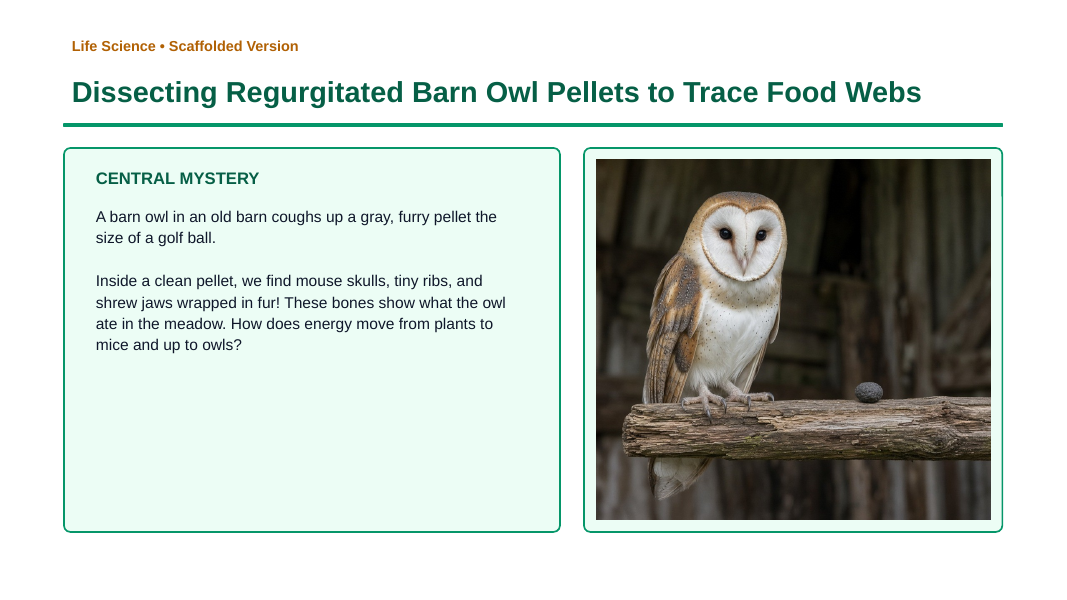 Energy Flow & Food Webs Scaffolded Phenomena-Based Lesson: Dissecting Regurgitated Barn Owl Pellets to Trace Food Webs Presentation sample page