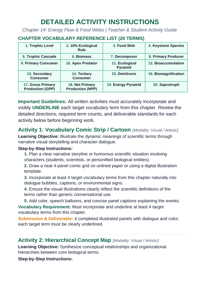 Energy Flow & Food Webs Vocabulary Choice Board sample page