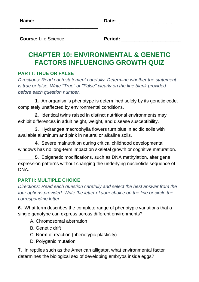 Environmental & Genetic Factors Influencing Growth Lesson Quiz sample page