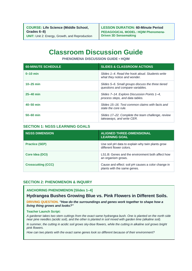 Environmental & Genetic Factors Influencing Growth Phenomena-Based Lesson: Hydrangea Bushes Growing Blue vs. Pink Flowers in Different Soils Teacher Discussion Guide sample page