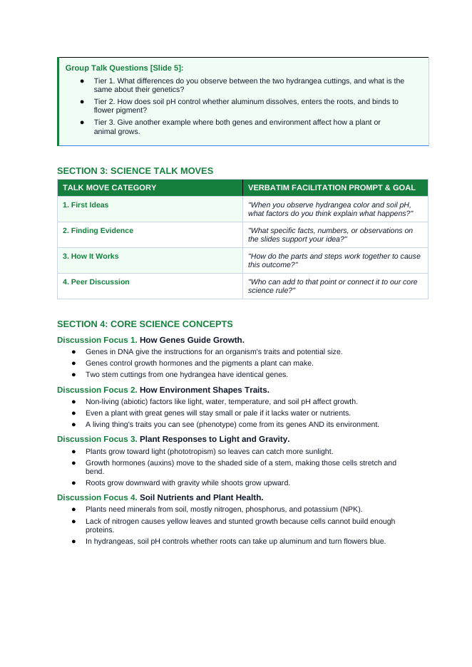 Environmental & Genetic Factors Influencing Growth Phenomena-Based Lesson: Hydrangea Bushes Growing Blue vs. Pink Flowers in Different Soils Teacher Discussion Guide sample page