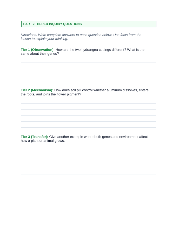 Environmental & Genetic Factors Influencing Growth Phenomena-Based Lesson: Hydrangea Bushes Growing Blue vs. Pink Flowers in Different Soils Student Response Sheet sample page