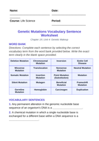 Genetic Mutations Fill-in-the-Blank Vocabulary Worksheet sample page