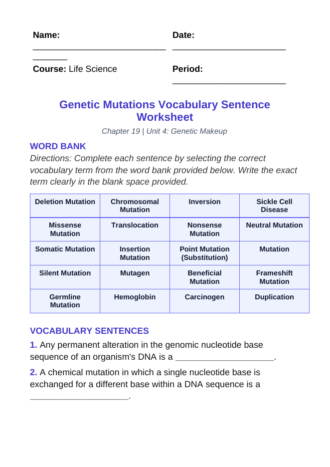 Genetic Mutations Fill-in-the-Blank Vocabulary Worksheet sample page