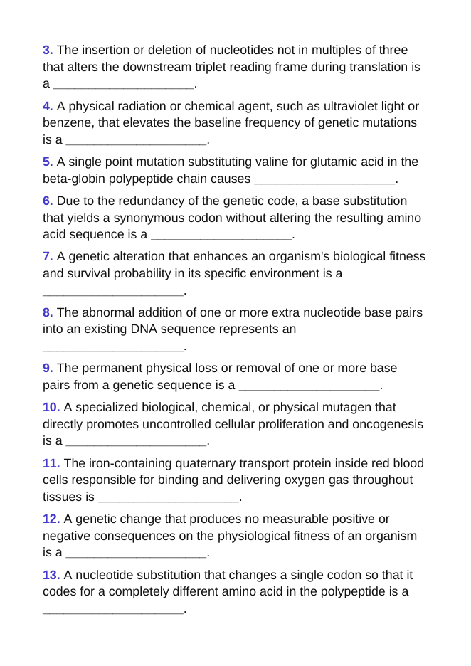 Genetic Mutations Fill-in-the-Blank Vocabulary Worksheet sample page