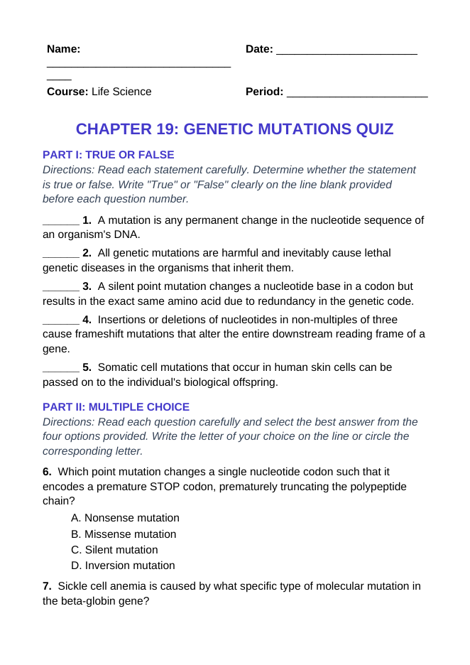 Genetic Mutations Lesson Quiz sample page