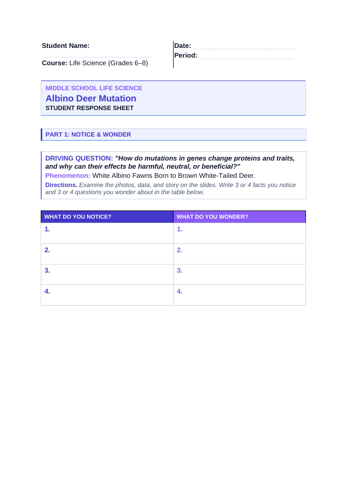 Genetic Mutations Phenomena-Based Lesson: White Albino Fawns Born to Brown White-Tailed Deer Student Response Sheet sample page