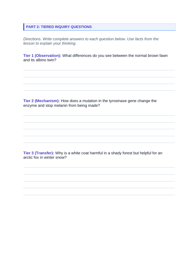 Genetic Mutations Phenomena-Based Lesson: White Albino Fawns Born to Brown White-Tailed Deer Student Response Sheet sample page