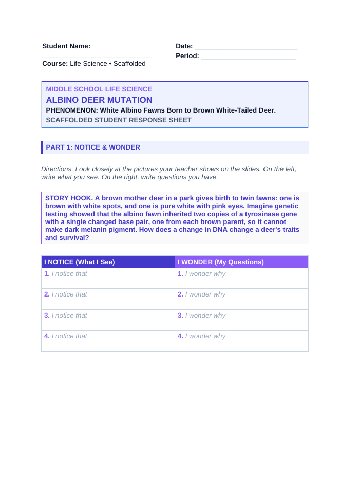 Genetic Mutations Scaffolded Phenomena-Based Lesson: White Albino Fawns Born to Brown White-Tailed Deer Student Response Sheet sample page
