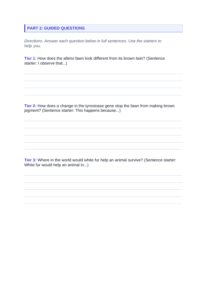 Genetic Mutations Scaffolded Phenomena-Based Lesson: White Albino Fawns Born to Brown White-Tailed Deer Student Response Sheet sample page